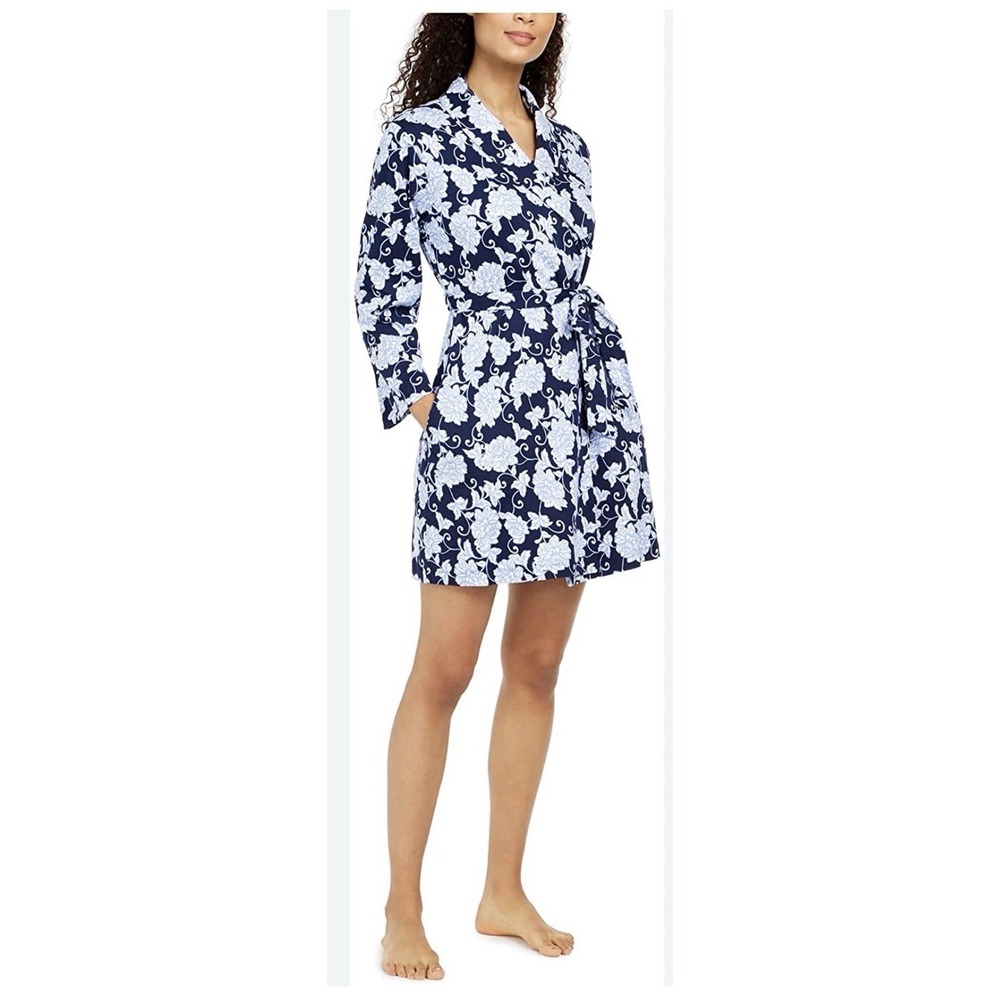 Charter Club Women Cotton French Floral Belted Robe Blue Size Medium